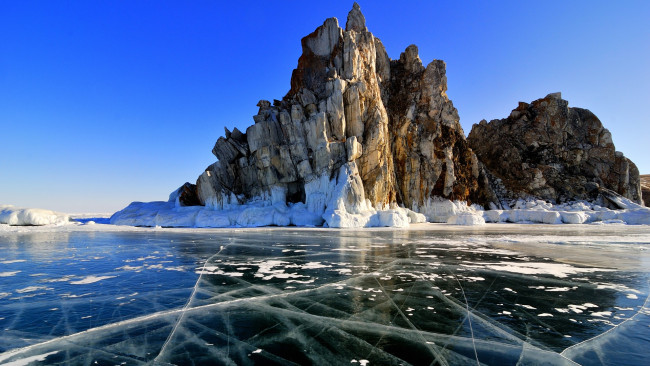 картинка зима, лед, скалы, снег, озеро байкал, россия на ...
 Картинка Озеро